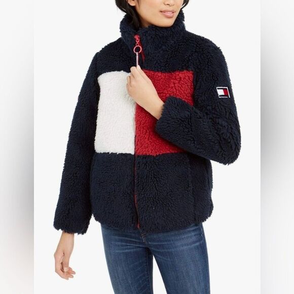 TOMMY HILFIGER Women's Sherpa Jacket Color block logo full-zip teddy bear XS EUC - Picture 3 of 16